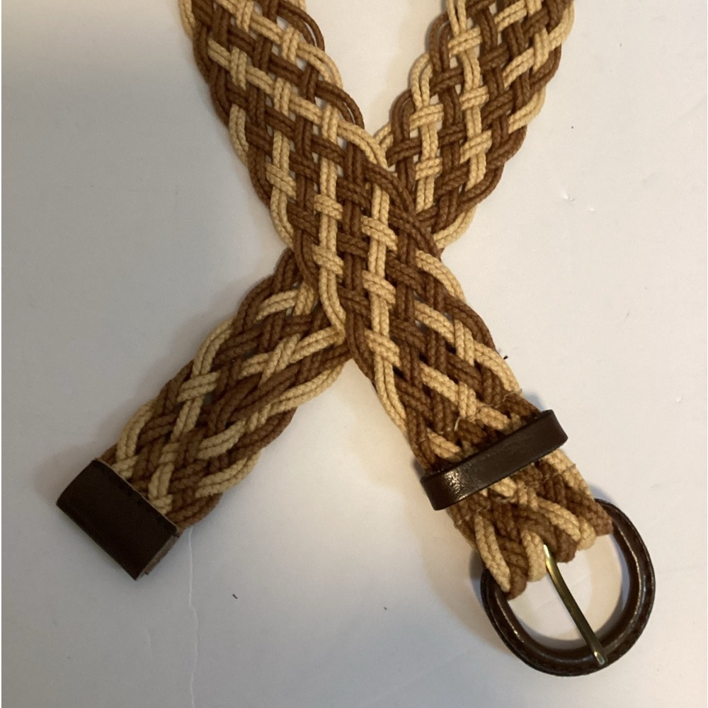 BROWN AND TAN BRAIDED BELT..FAUX LEATHER SIZE MEDIUM…37” LONG….UNISEX